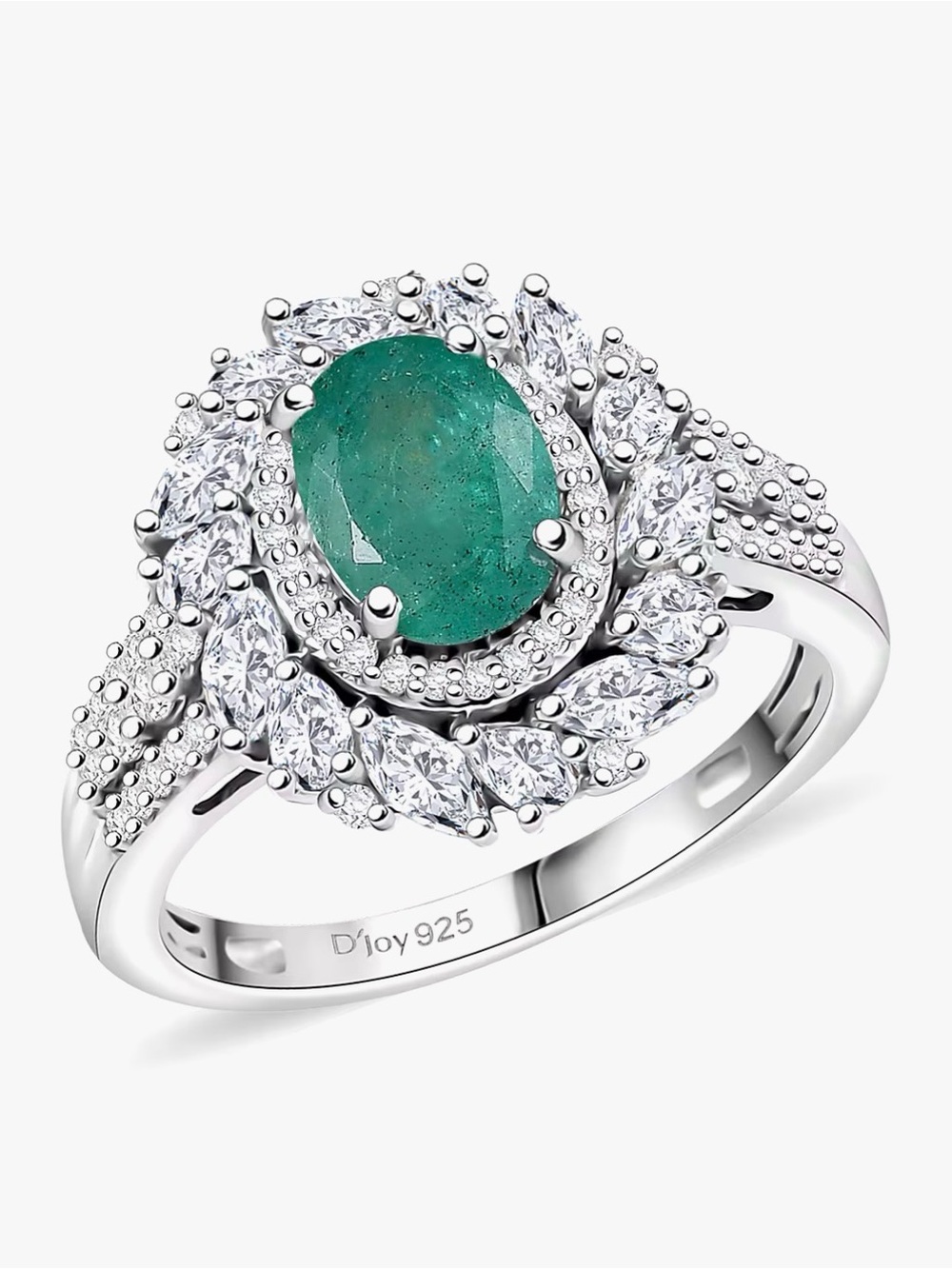 DJoy Womens Kagem Zambian Emerald/ Moissanite Floral Burst Halo Engagement Ring